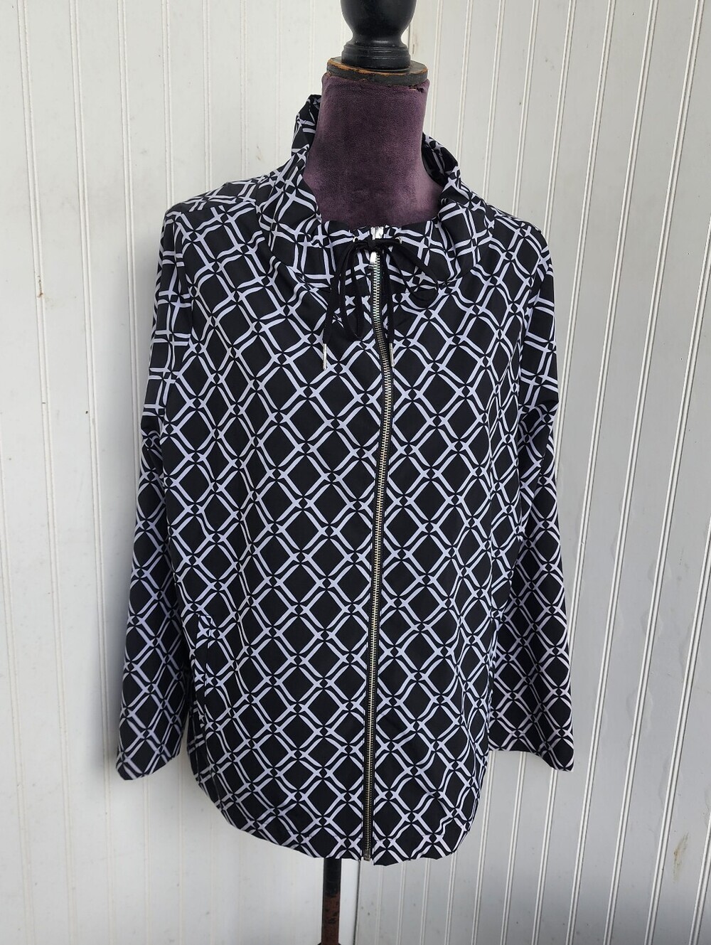 Zenergy CHICO'S Size 3 (XL/16) ZIP-UP JACKET Black White Unlined Top Blouse
